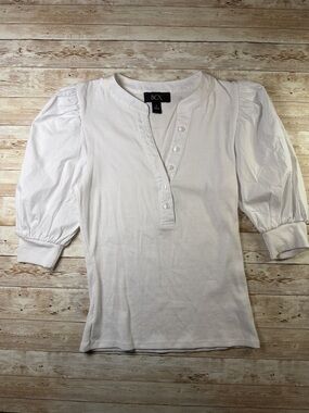 BCX White Puff Sleeve Button-Front Henley Top